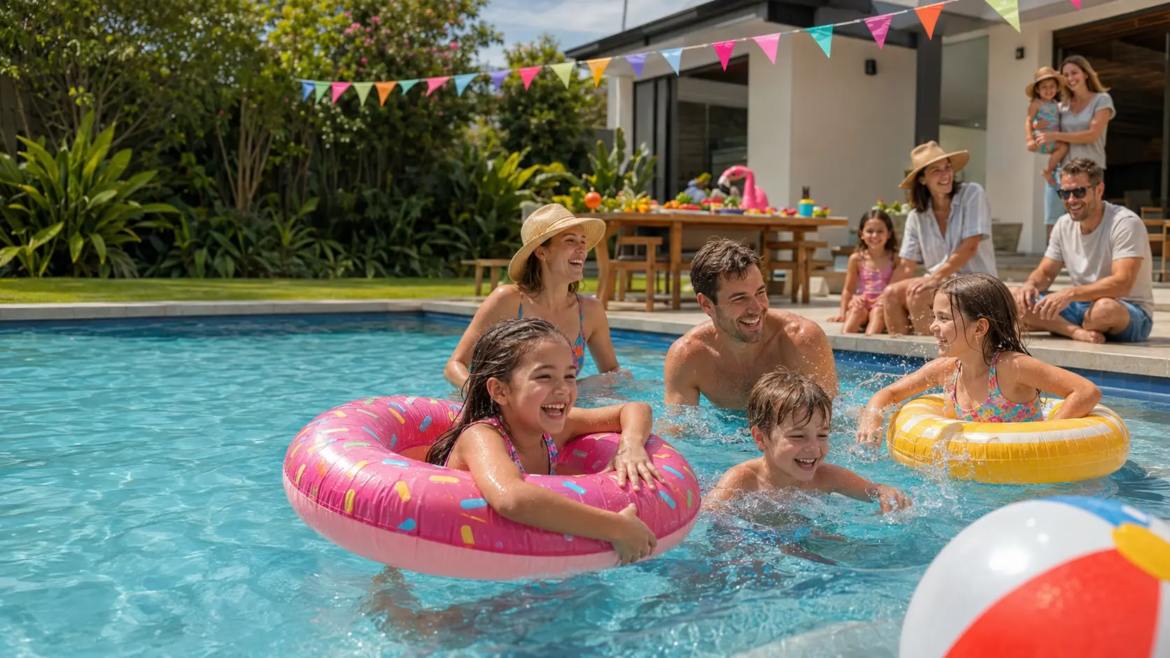 Australian families enjoying a safe and colourful backyard pool party